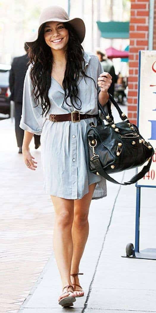 5 – Vannessa Hudgens In Belted Shirt Dress With Brown Flat Sandals