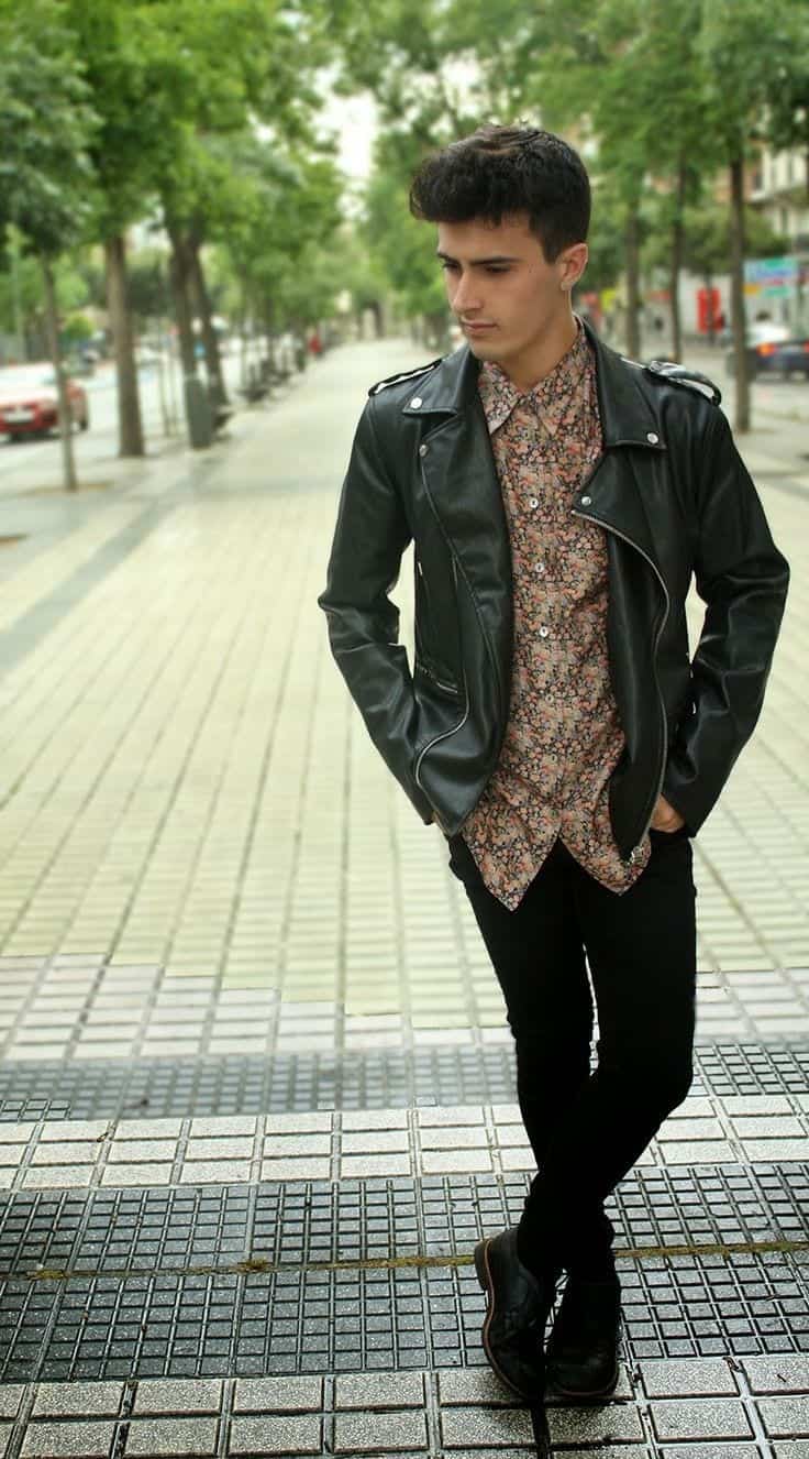 ↓ 15 – Floral Shirt With Leather Jacket