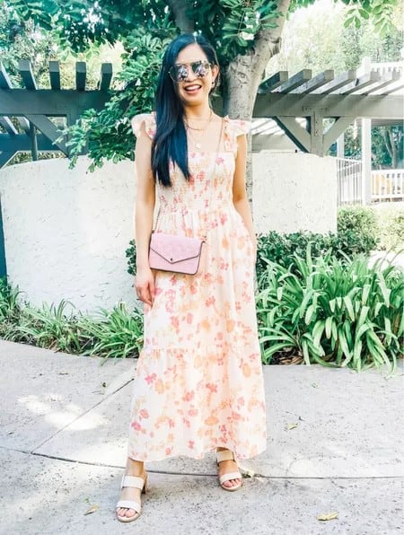 14 – Floral Pleated Dress Paired With Square-Toed Wedges