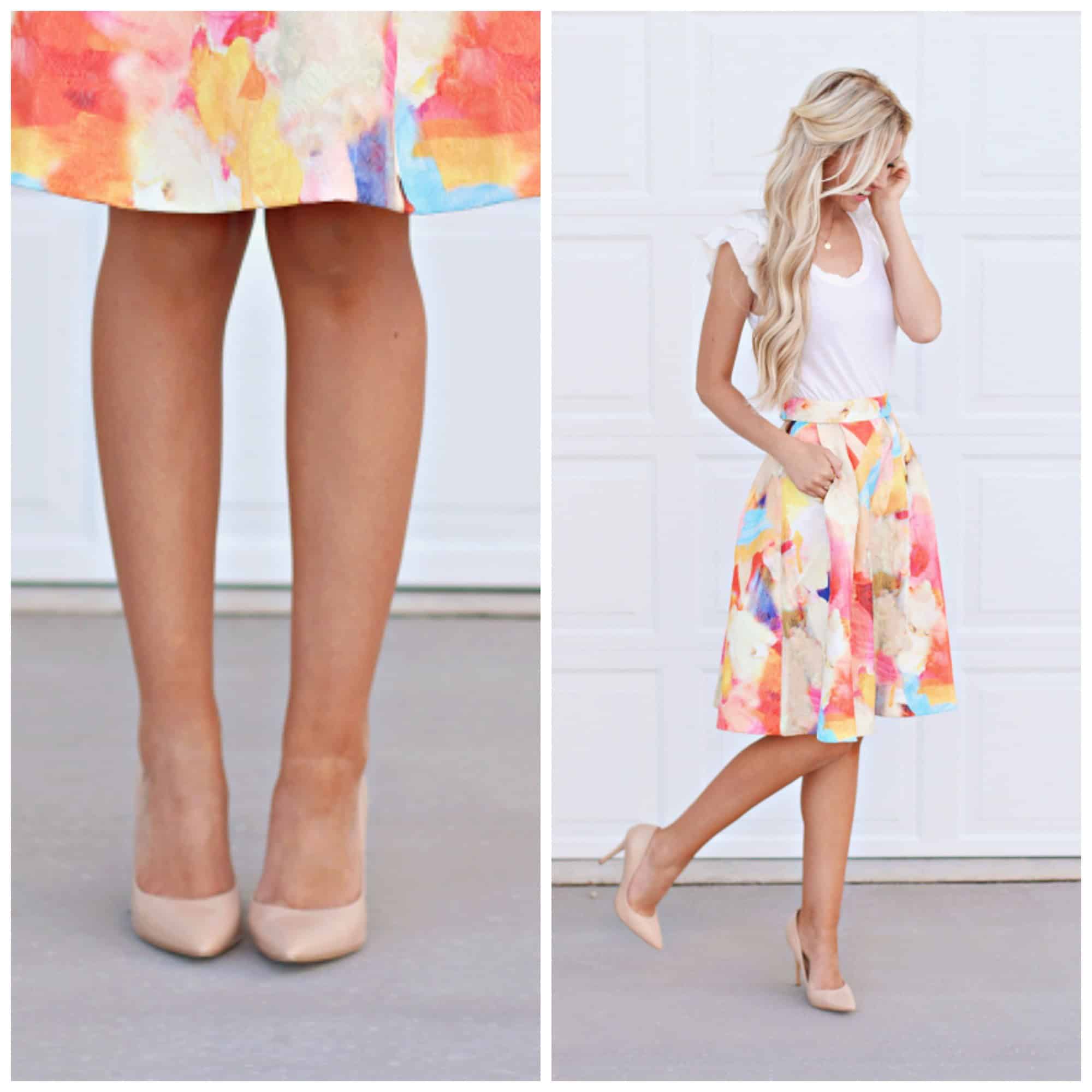 12 – Nude Pump Heel with Printed Midi Skirts