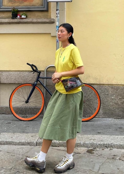 15 – Sage Skirt With Yellow Top And Sneakers