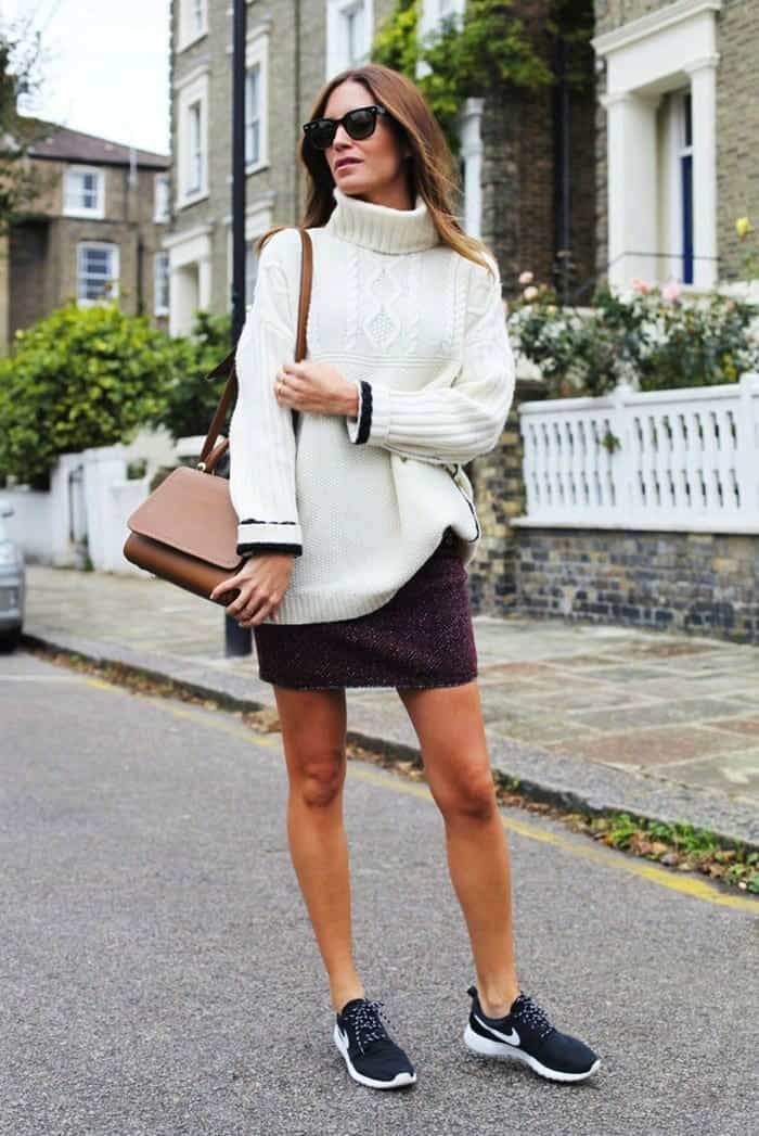 10 – White Knit Turtleneck With Purple Mini Skirt