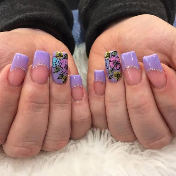 36 – Purple Nail Art With Floral Prints