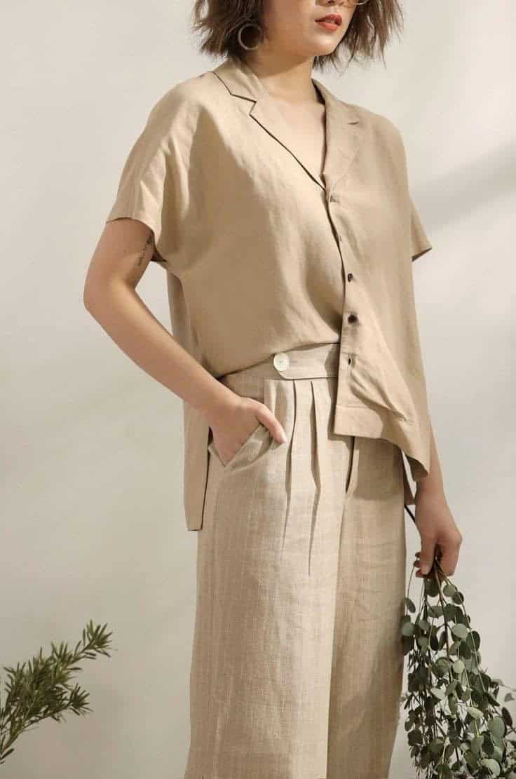 05 – Beige Half Sleeves Collar Shirt With Beige Wide Leg Pants