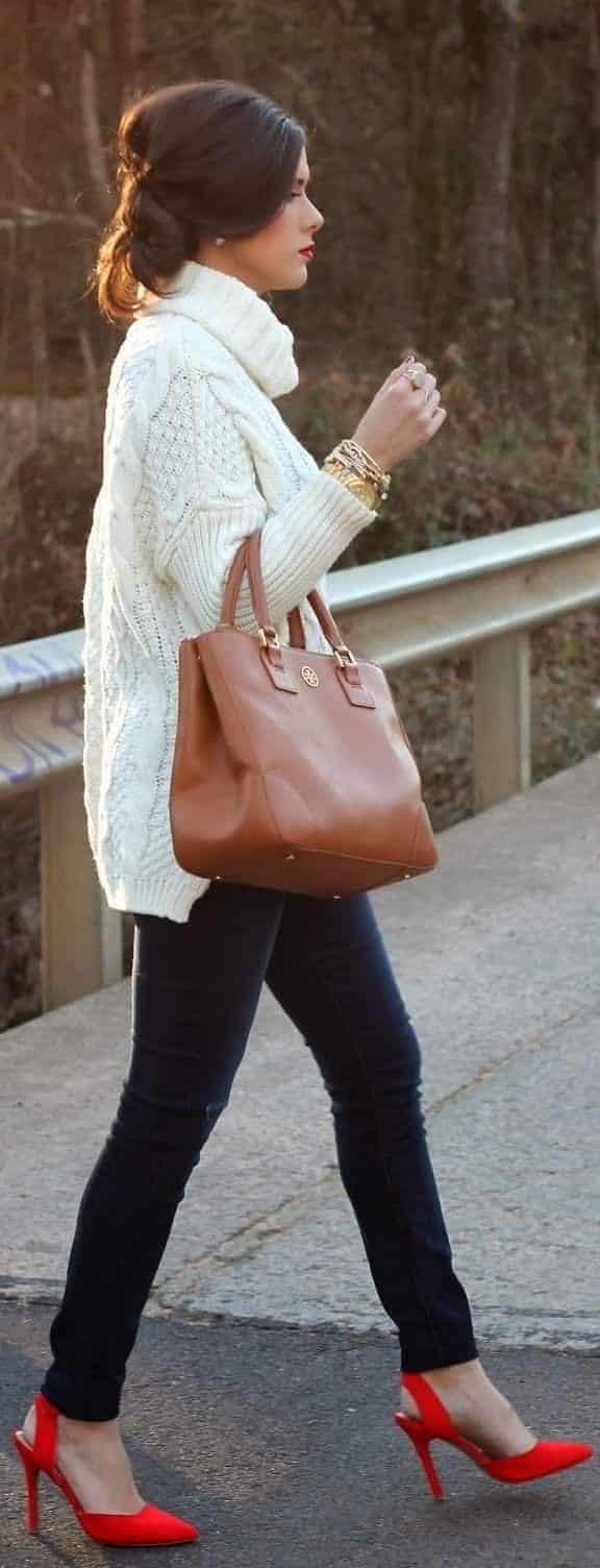 8 – Oversized Cable Knit Sweater, Jeans, And Red Heels