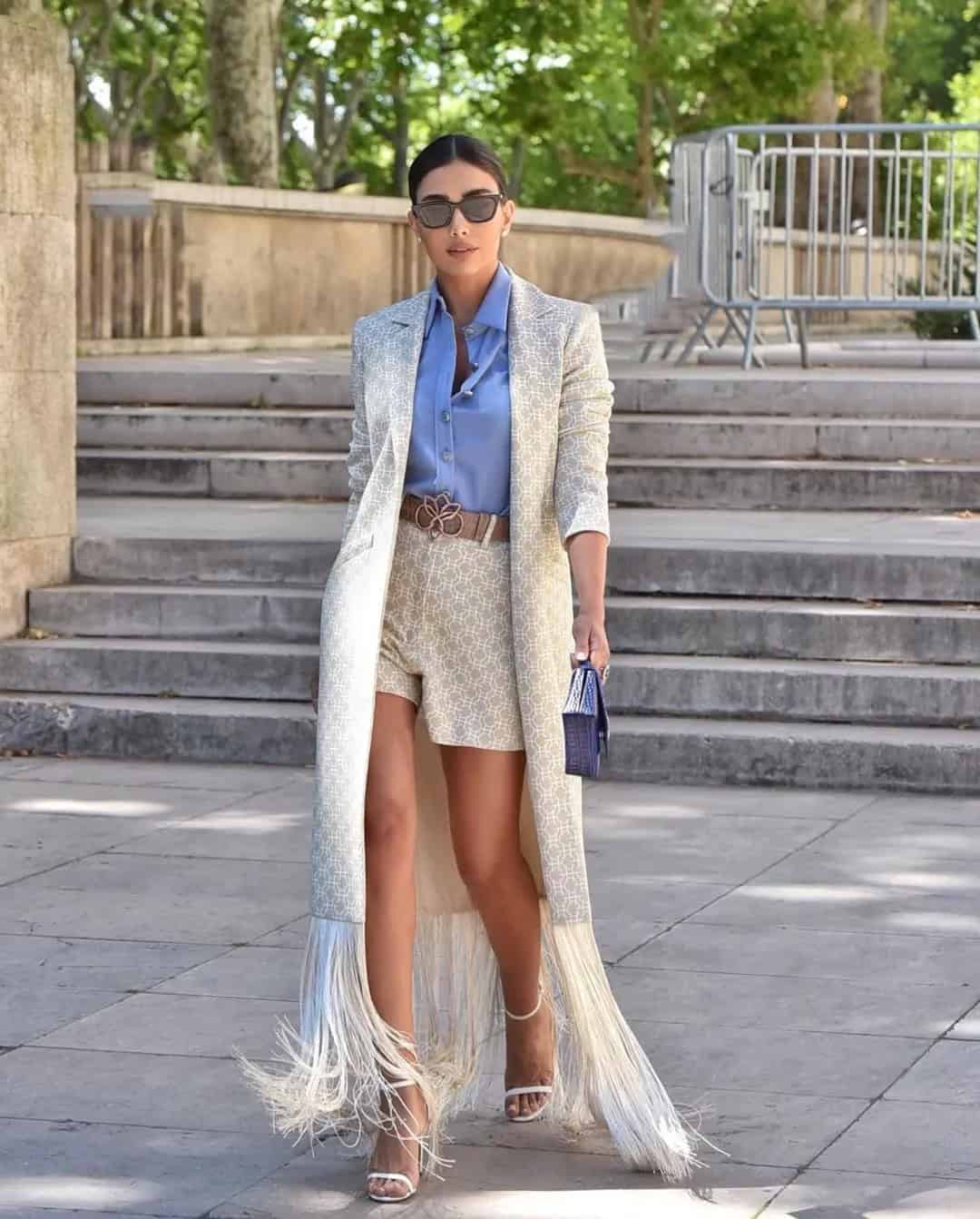 Jessica Azar Stuns in a Long Fringed Blazer & Shorts