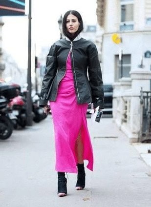 3 – Pink Slit Dress With A Leather Bomber Jacket