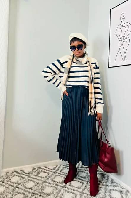 3 – Navy Blue Skirt & A Striped Sweater