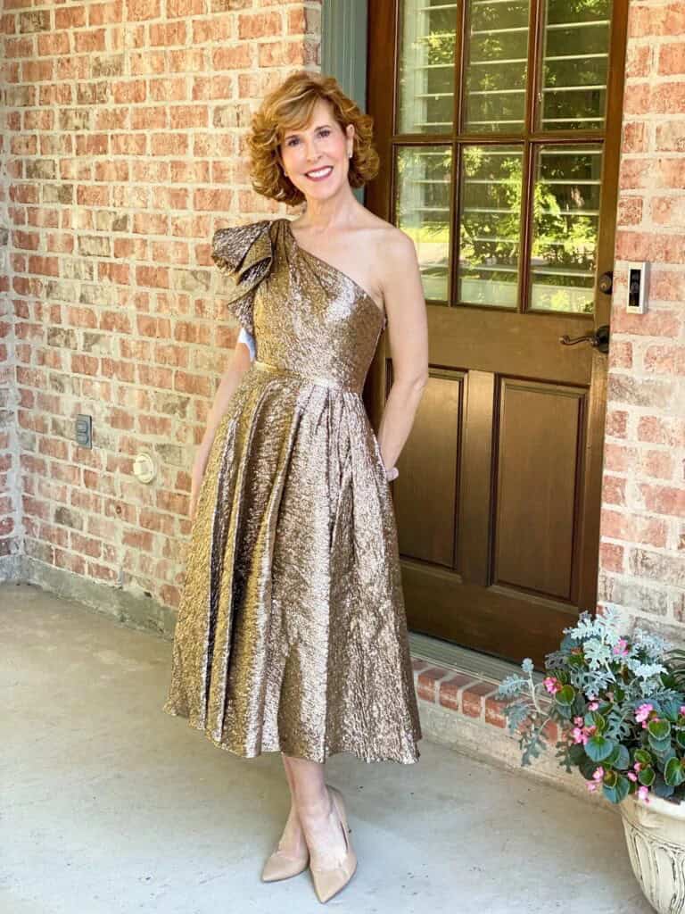 7 – Glittery Metallic Brocade Dress