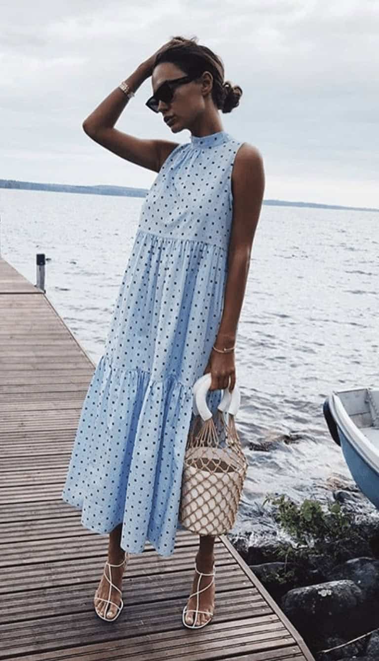 15 – Blue Polka Dot Maxi With White Heels