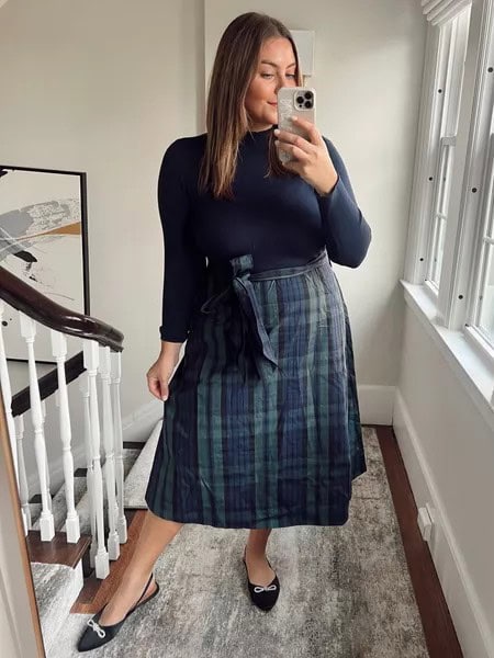 12- Navy Blue Full-Sleeved Mock Neck With Green And Blue Plaid Side String Skirt