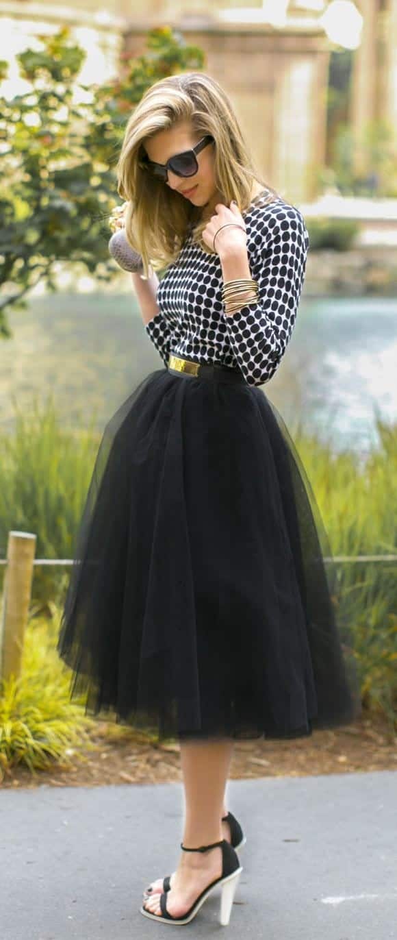 ↓ 7. Polka Dot Top Paired With a Black Skirt