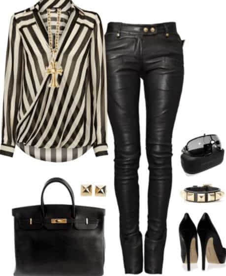 5 – Striped Sheer Blouse Paired With Leather Pants