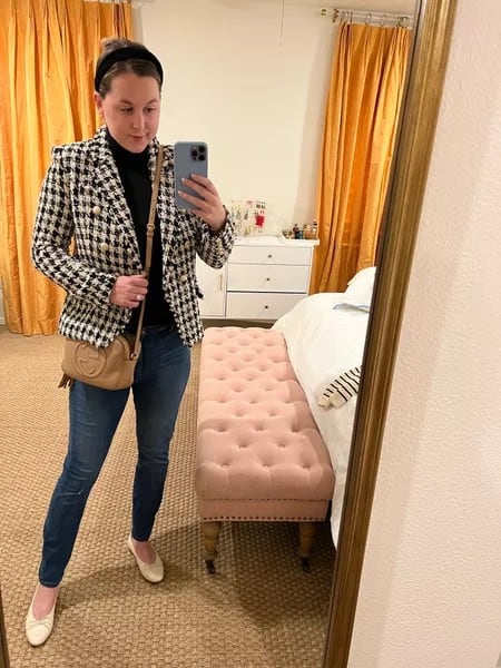 4 – Checkered Black And White Blazer With Blue Jeans And White Ballet Pumps