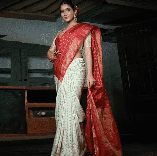 12 – Traditional Ivory White-Red Banarsi Silk Saree