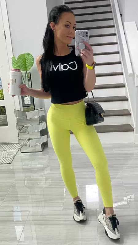 3 – Black top with yellow leggings