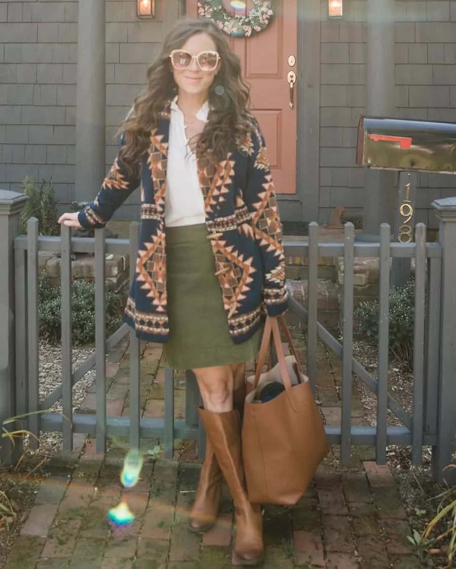 5 – Patterned Cardigan With Green Skirt and Knee High Boots