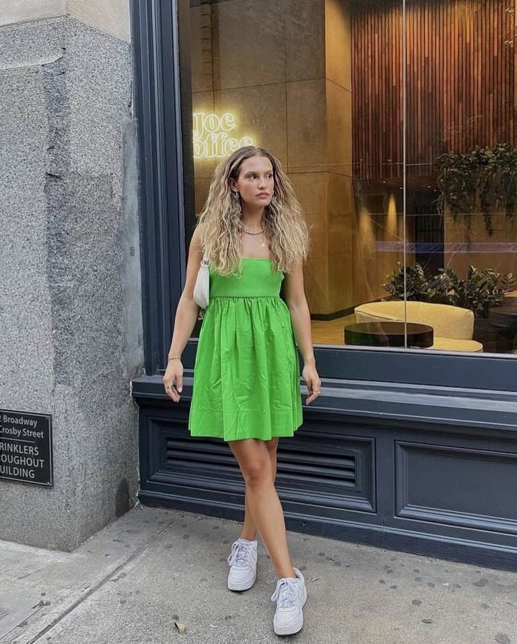 6 – Short Green Dress With White Sneakers