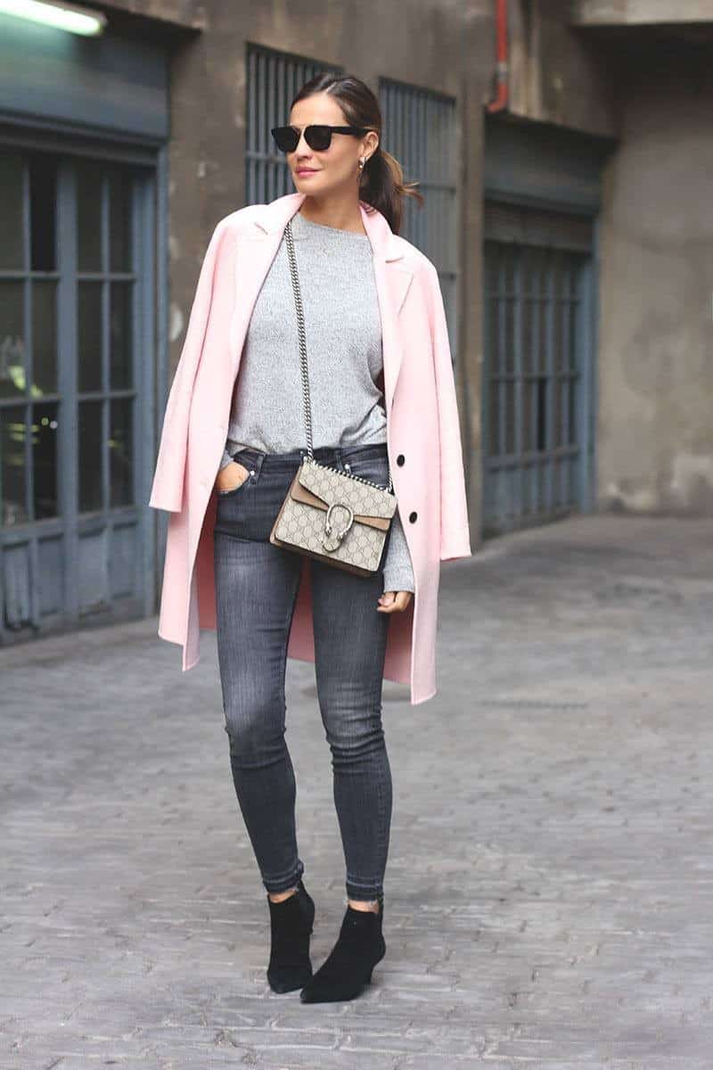 #13. Blush Pink Trunk Coat and Skinnies for Cold Weather