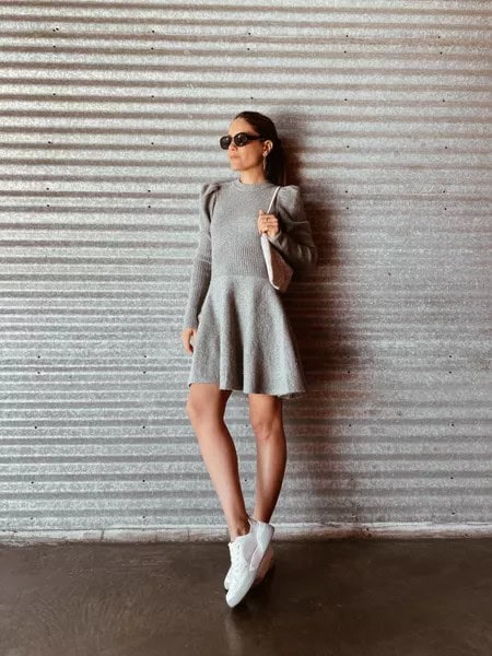 5 – Crew Neck Puff Sleeved Knitted Dress With Classic White Shoes