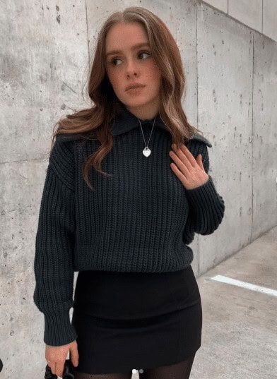 16 – Dark Green Sweater with Leather Pants