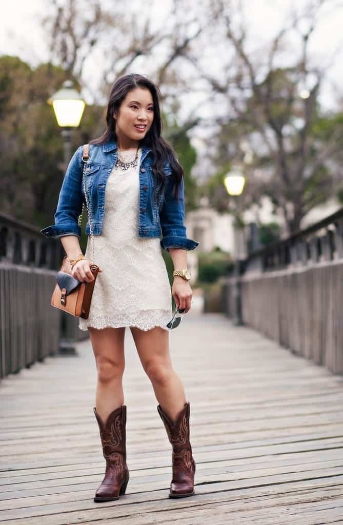 ↓ 17. Boho Chic Mini Dress & Boots