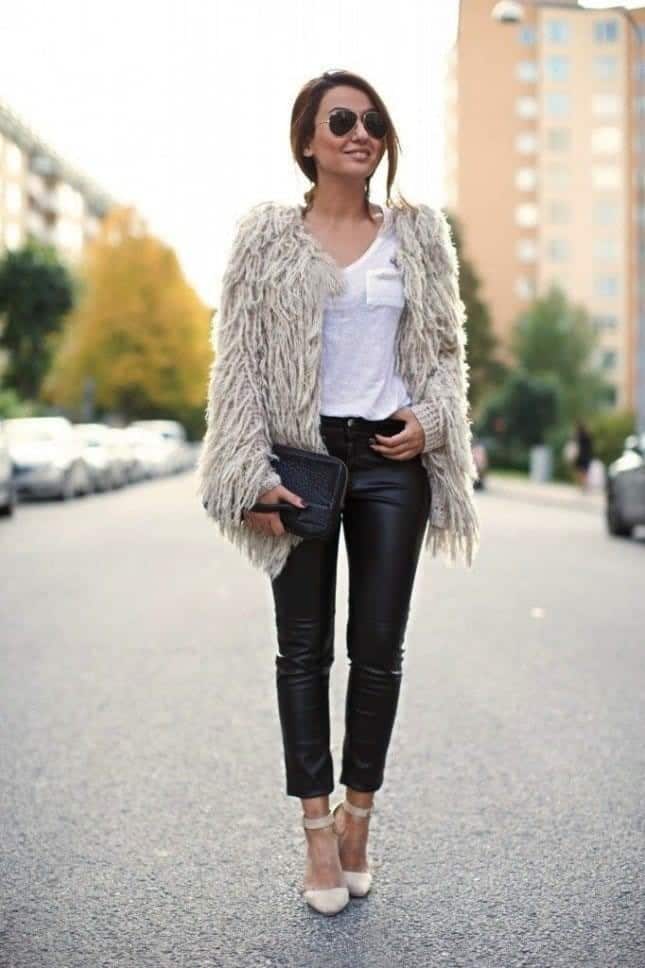 20 – White Shirt With Black Leather Pants And A Fur Coat