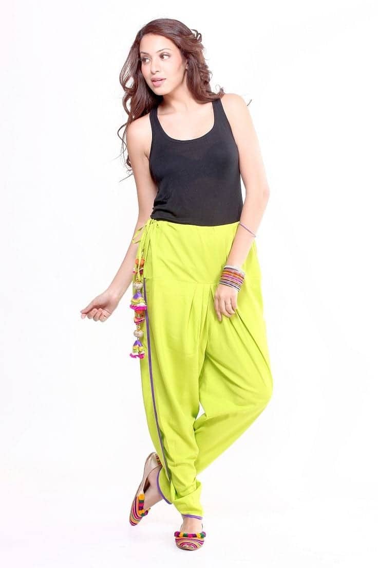 Black tan top with neon-coloured pants