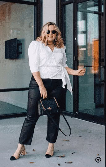 6 – White Wrap Shirt + Denim Jeans or Leather Pants