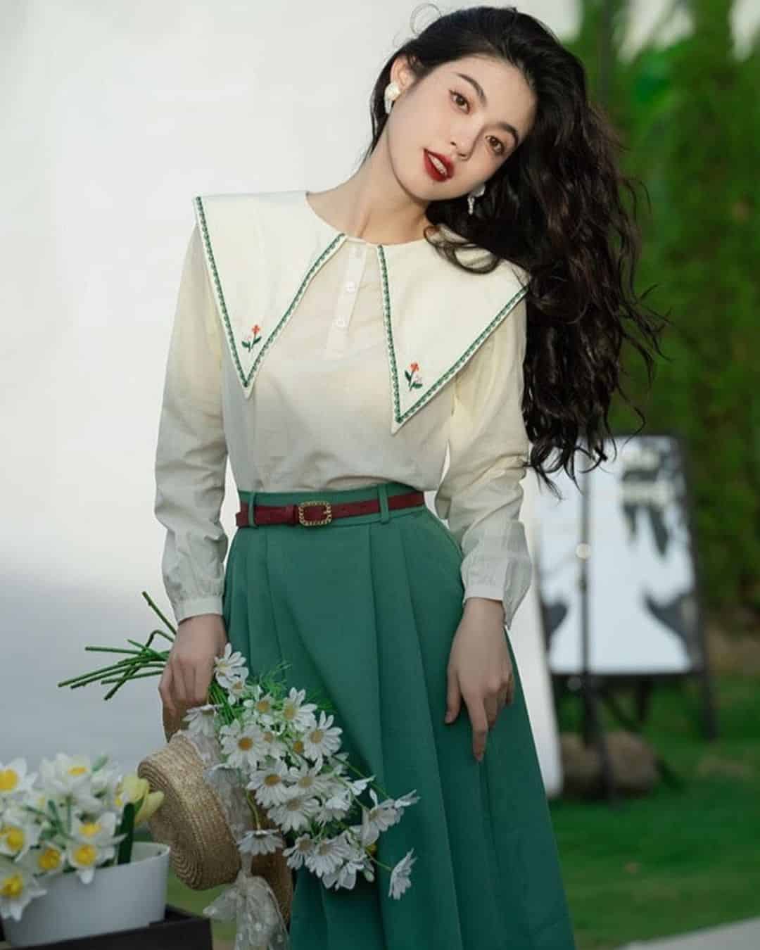 9 – White Top with Sailor Collar and Green Skirt