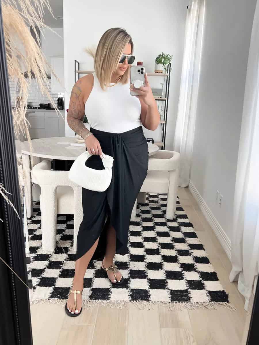 9 – White Tank Top With Black Wrap Skirt