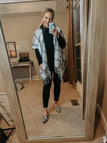 39 – Oversized Black Turtle Neck With Skinny Jeans And Snake Print Ballet Flats