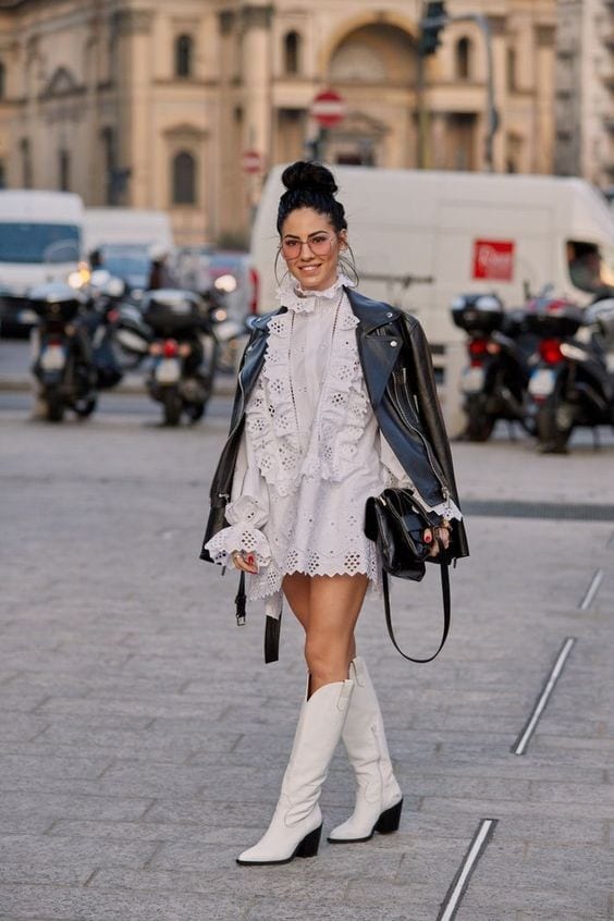 63 – White Dress With Matching Boots And Leather Jacket