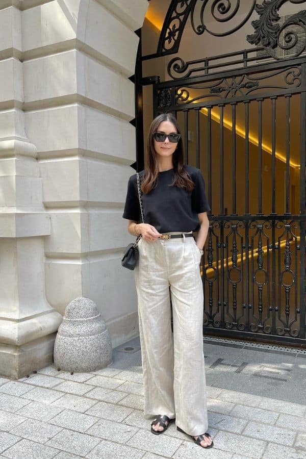 ↓ 7. Open-toe flat Sandal with High-Waisted Trousers