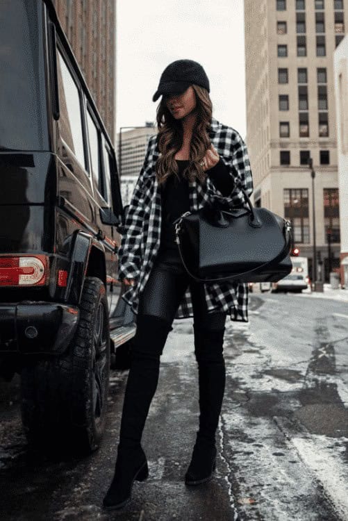 10 – Furry Hat, Leather Leggings, Checked Shirt