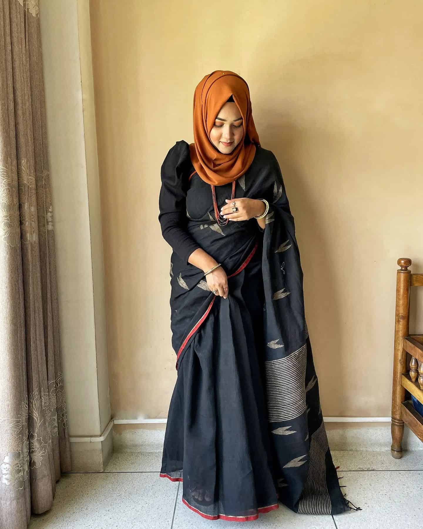 Black Saree Paired with Hijab