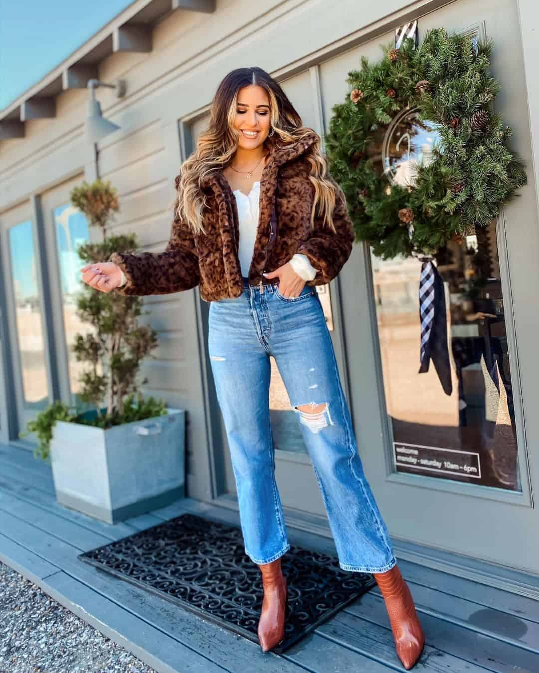 5 – Cropped Fur Jacket Paired With Leather Boots