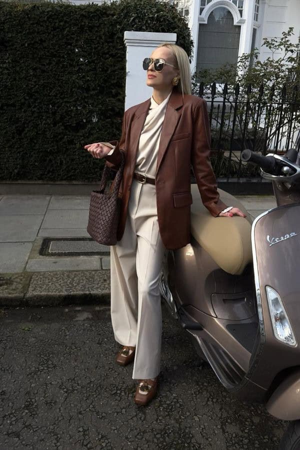 ↓ 4. Brown Leather Blazer with Draped Blouse High Neckline