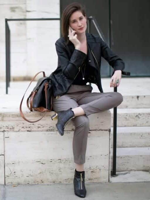 16 – Pair a Black Top With Grey Dress Pants And Black Leather Jacket