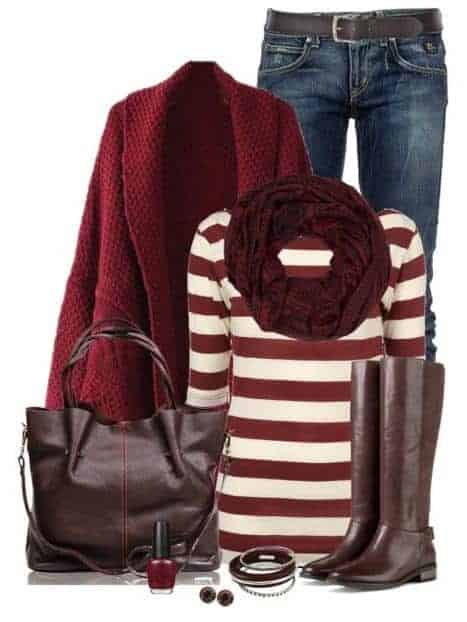 31 – Winter Outfit With Brown Boots, Striped Shirt, And Red Upper