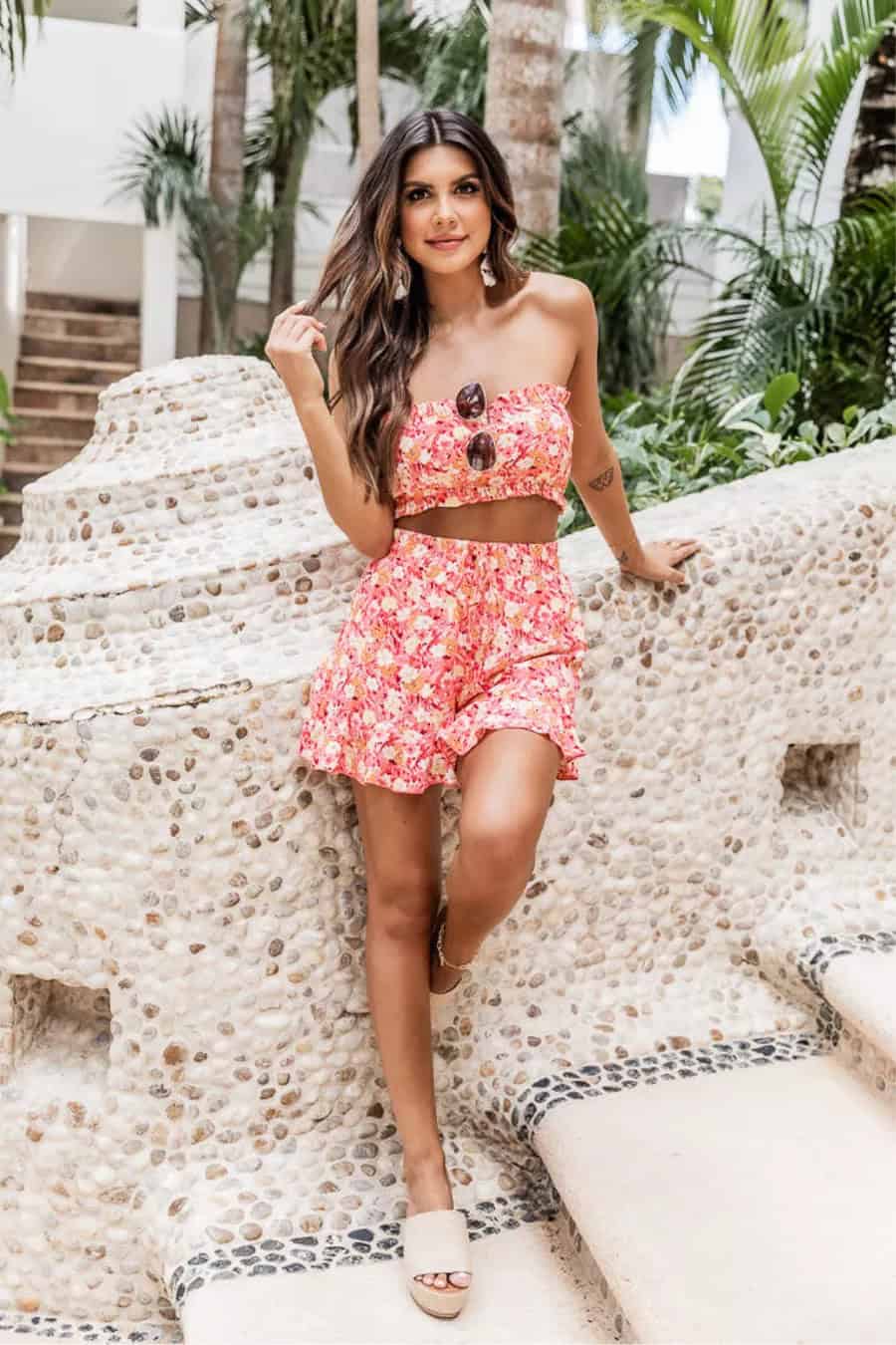 Floral Pink Shorts Adorned with Matching Pink Top