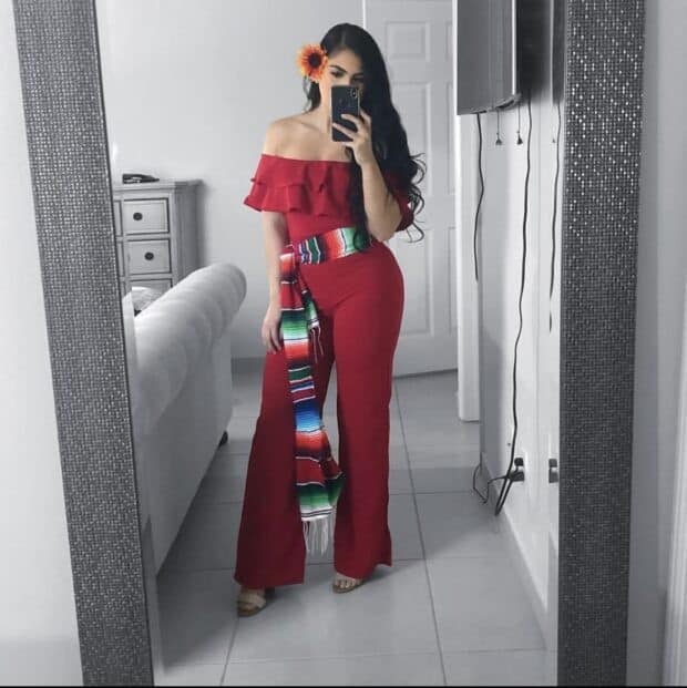 1 – Off-Shoulder Red Jumpsuit with Colorful Scarf Tied at the Waist