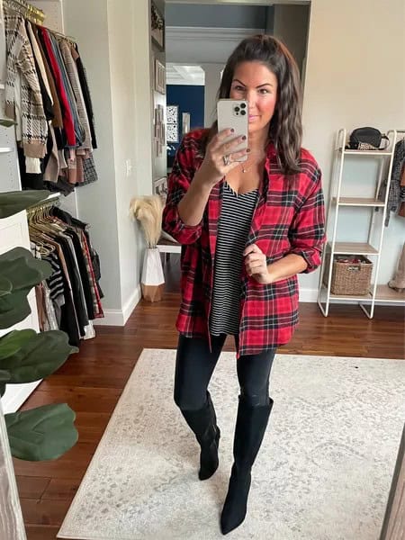 7 – Red Plaid Shacket Layered Over Striped Top & Leather Leggings