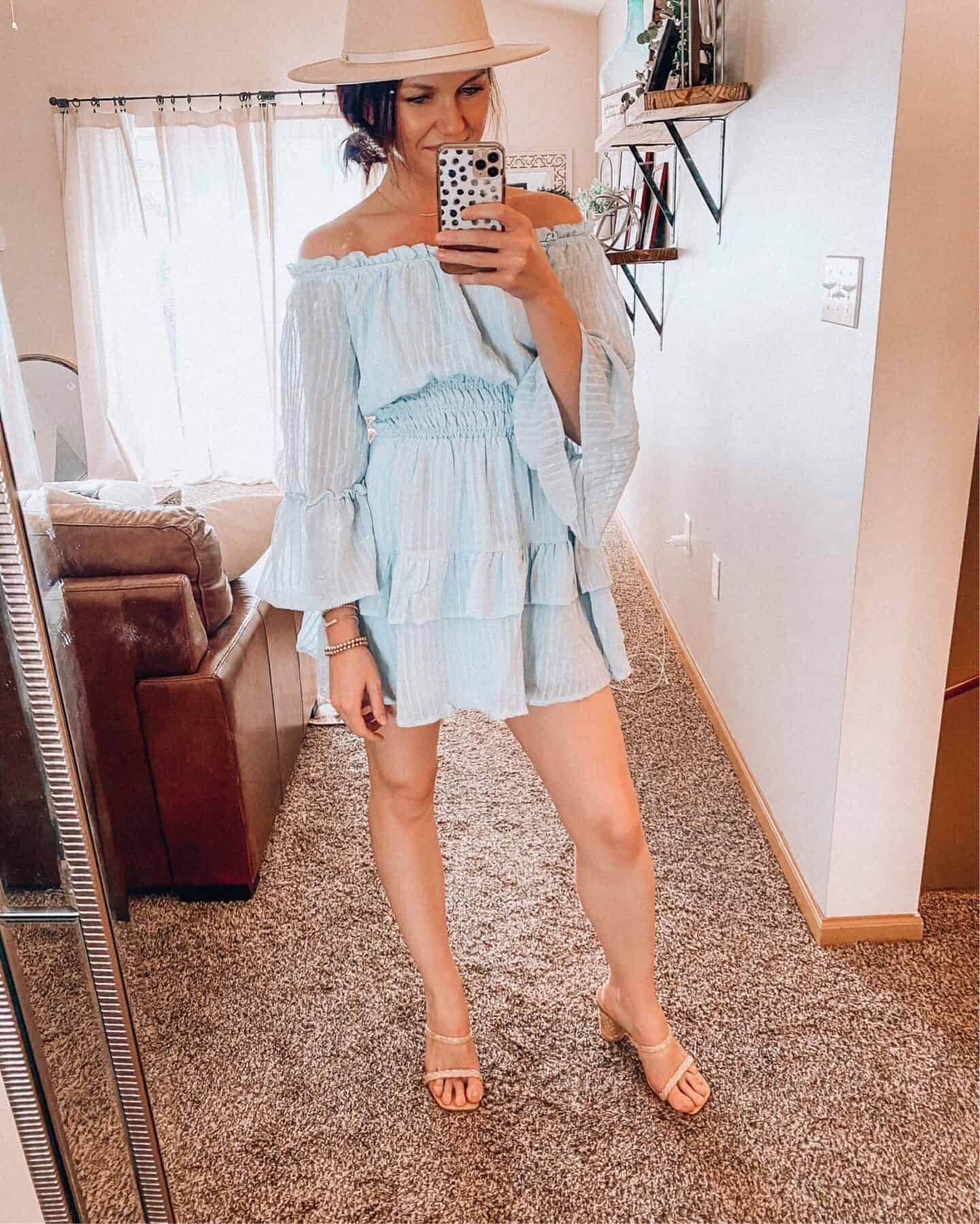 17 – Off Shoulder Mini Dress With Cowboy Hat And Comfy Heels