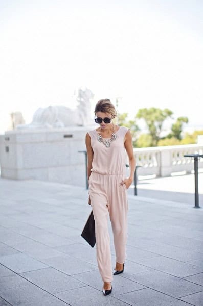 ↓ 2 – Blush Pink Party Jumpsuit with Black Heels