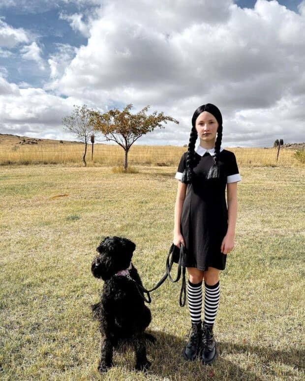 4 – Wednesday Addams Outfit With Black Tunic Dress and White Collared Shirt