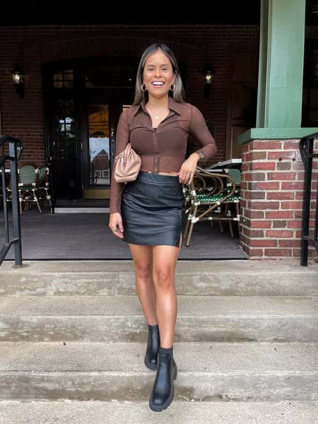 3 – Side Slit Leather Black Skirt With Seamless Brown Blouse