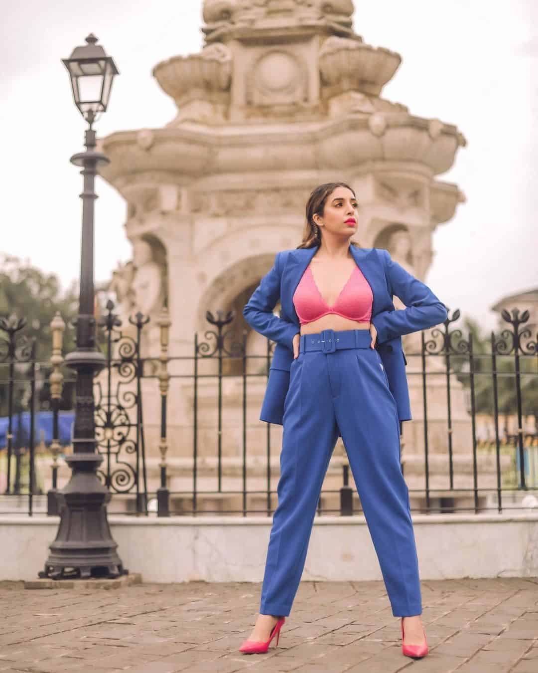 9 – Electric Blue Matching Blazer and Pants over A Hot Pink Bralette Top