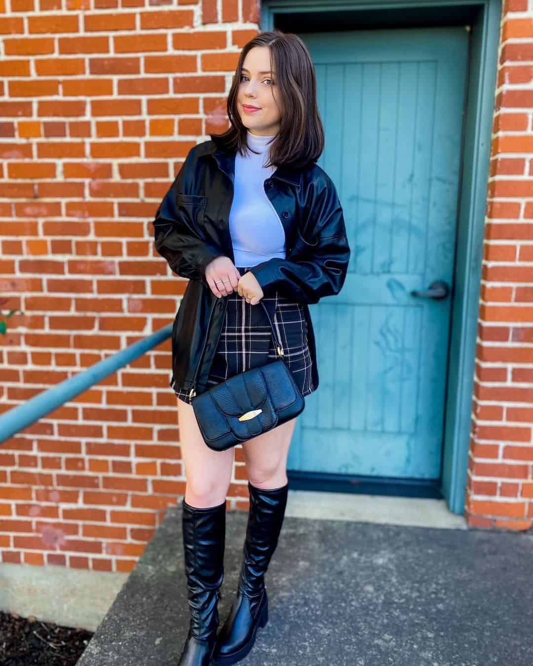 16 – Leather Shacket With Plaid Skirt & Boots