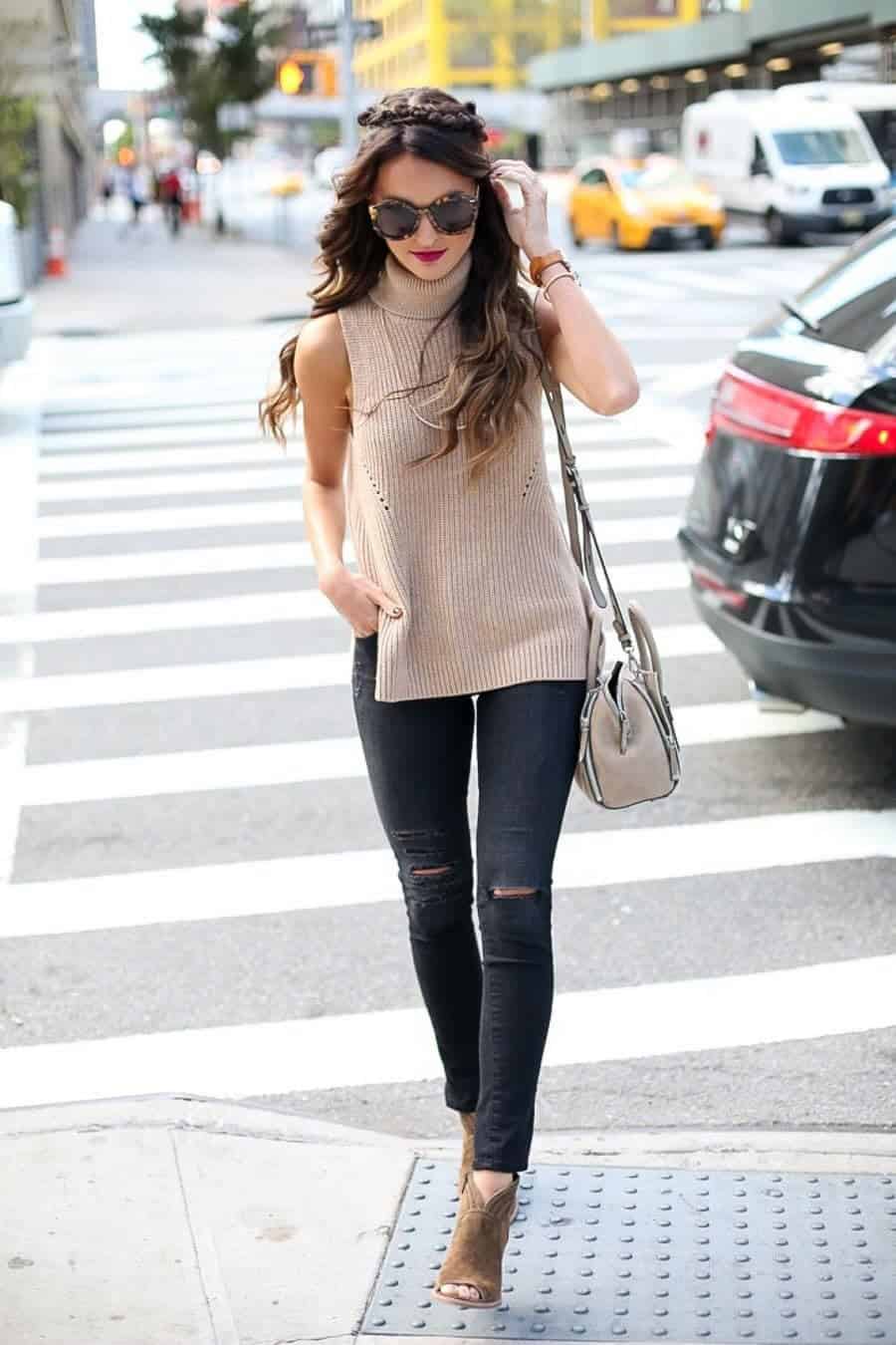 4 – Beige Sleeveless Turtleneck Tank With Jeans